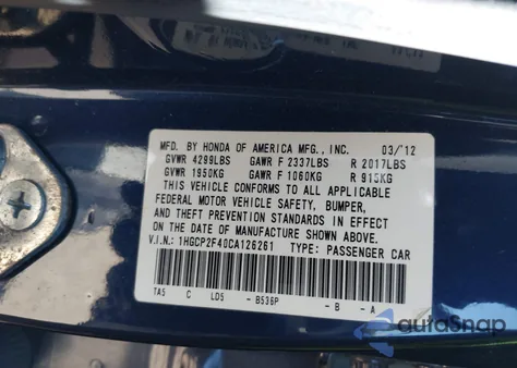 2012 Honda Accord 2.4 Lx-P z USA, uszkodzony, nr VIN 1HGCP2F40CA126261